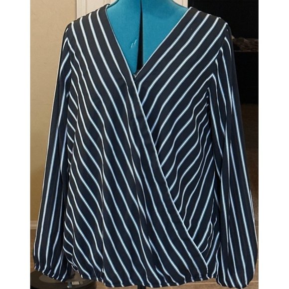 APT. 9 Brand Striped V-Neck Wrap Blouse w/Puff Sleeve Polyester Women's Size L - Picture 2 of 15